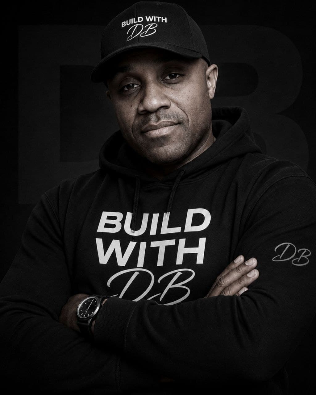 DB portrait — black Build With DB cap and hoodie with the signature DB script mark